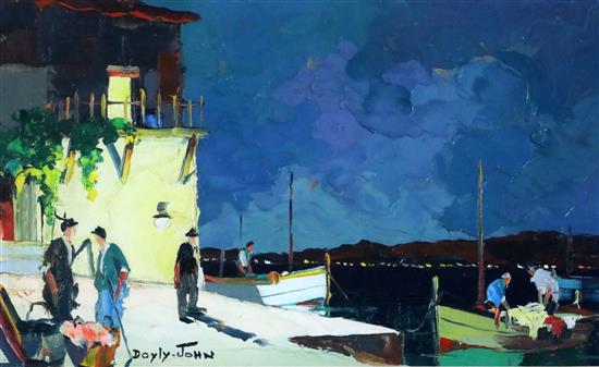 Cecil Rochfort DOyly John (1906-1993) Mediterrenean harbour scene at night 7.5 x 12.75in.